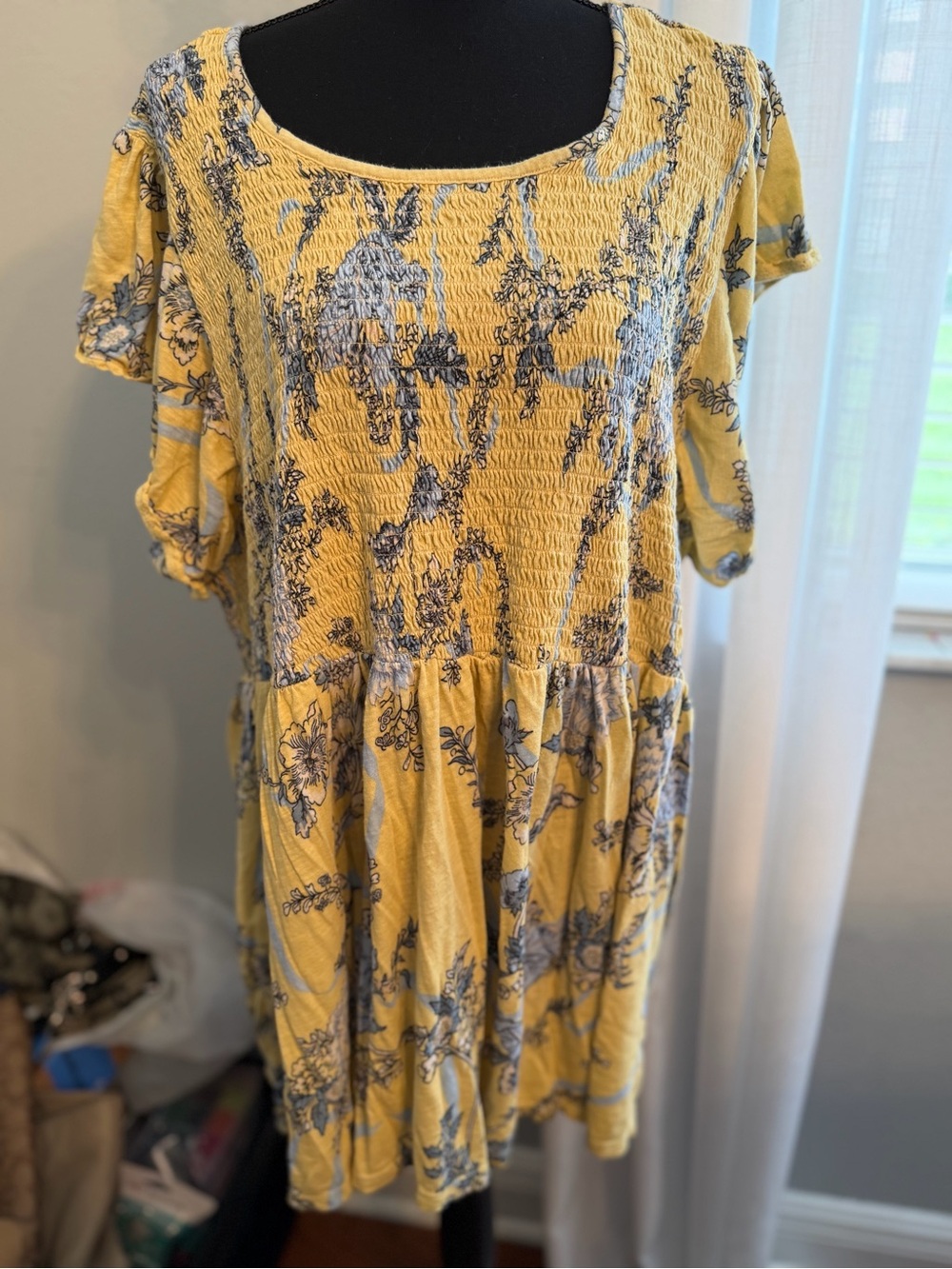 Torrid Yellow Floral Smocked Neck Short Sleeve Tunic